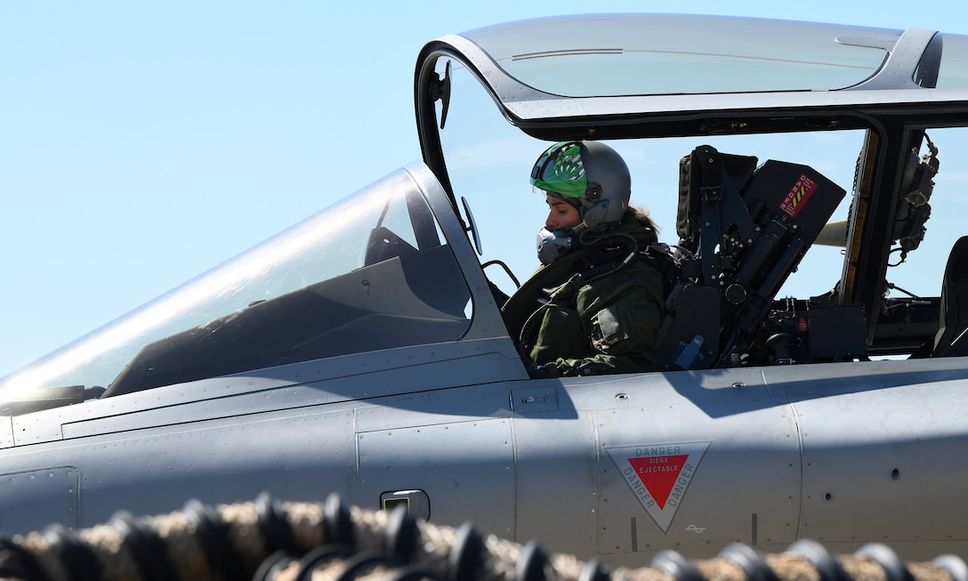 A French Air Force pilot prepares to taxi during exercise Point Blank 19-2 at Royal Air Force Lakenheath, England, June 17, 2019. Routine multinational training exercises like Point Blank increase participating air force’s ability to better integrate with other allied nations. (U.S. Air Force photo by Staff Sgt. Alex Fox Echols III/Released)