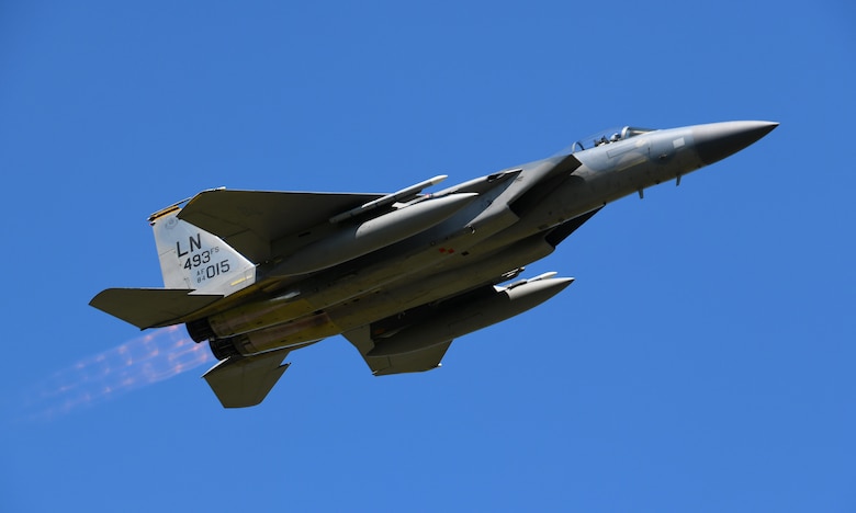 A U.S. Air Force F-15C Eagle, assigned to the 493rd Fighter Squadron, takes off during exercise Point Blank 19-2 at Royal Air Force Lakenheath, England, June 17, 2019. Routine multinational training exercises like Point Blank increase participating air force’s ability to integrate with other allied nations. (U.S. Air Force photo by Staff Sgt. Alex Fox Echols III/Released)