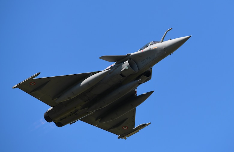 A French Air Force Rafale takes off during exercise Point Blank 19-2 at Royal Air Force Lakenheath, England, June 17, 2019. Point Blank is a trilateral exercise focused on fourth and fifth-generation aircraft integration. (U.S. Air Force photo by Staff Sgt. Alex Fox Echols III/Released)
