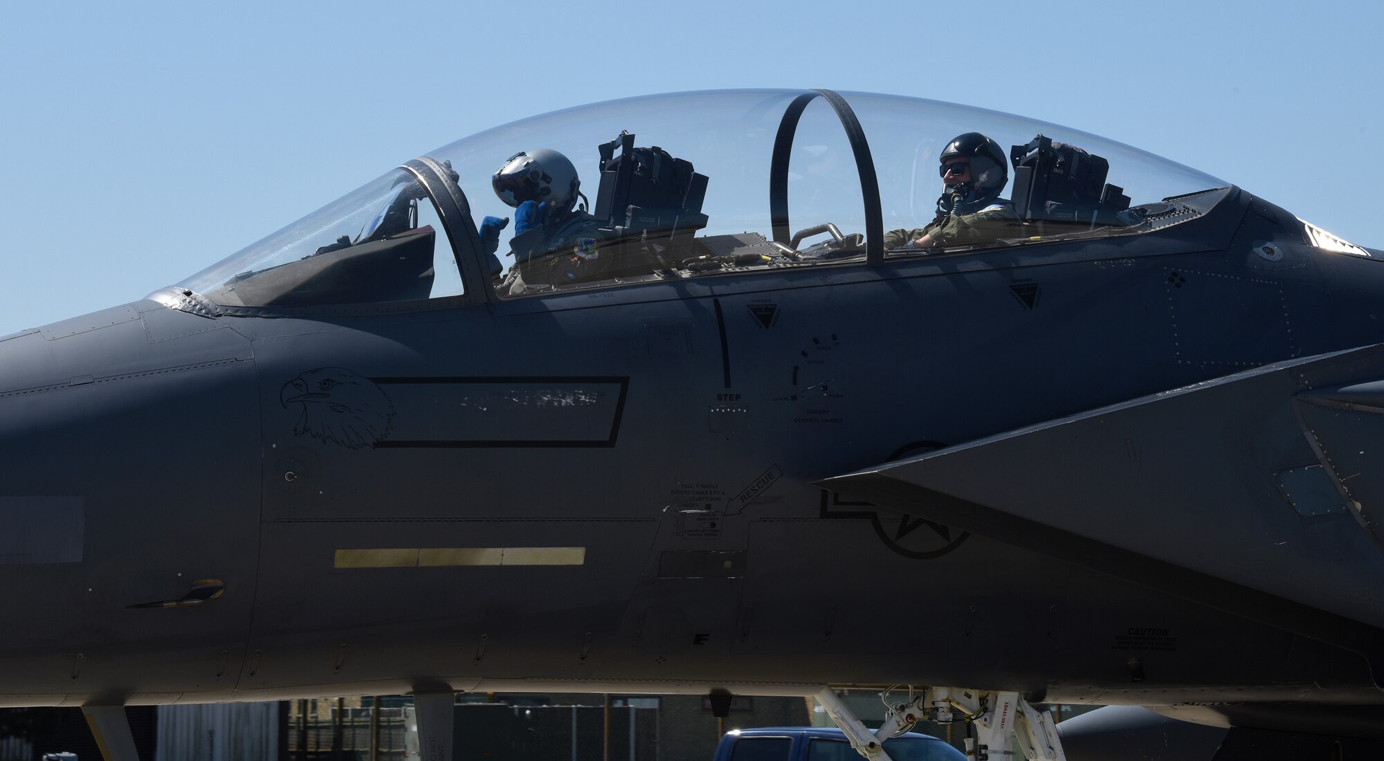 An F-15E Strike Eagle aircrew assigned to the 494th Fighter Squadron prepares to take off for exercise Point Blank 19-2 at Royal Air Force Lakenheath, England, June 27, 2019. U.S. personnel from RAF Lakenheath and RAF Mildenhall, England, along with military members from the U.K. and France participated in the exercise, promoting multinational cooperation. (U.S. Air Force photo by Airman 1st Class Rhonda Smith)