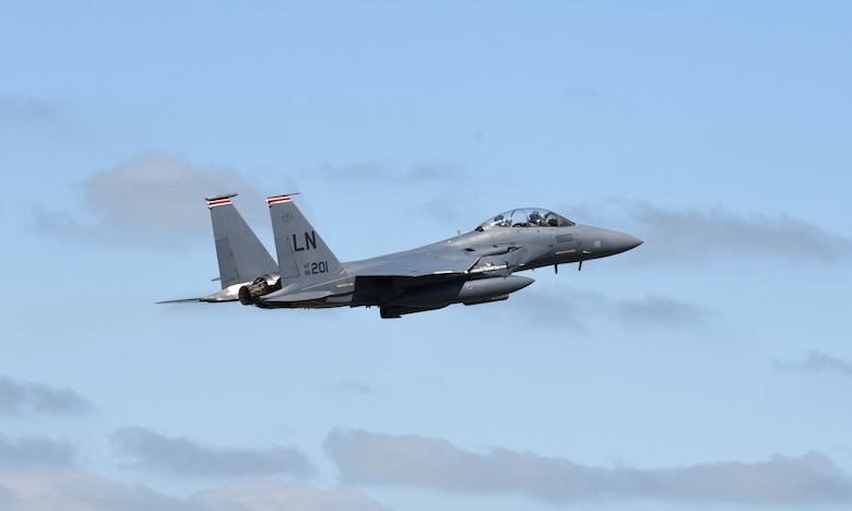 A 494nd Fighter Squadron F-15E Strike Eagle takes off to participate in exercise Point Blank at Royal Air Force Lakenheath, England, June 27, 2019. Training exercises with NATO allies reinforce and enhance deterrence and combined defense capabilities. (U.S. Air Force photo by Airman 1st Class Rhonda Smith)