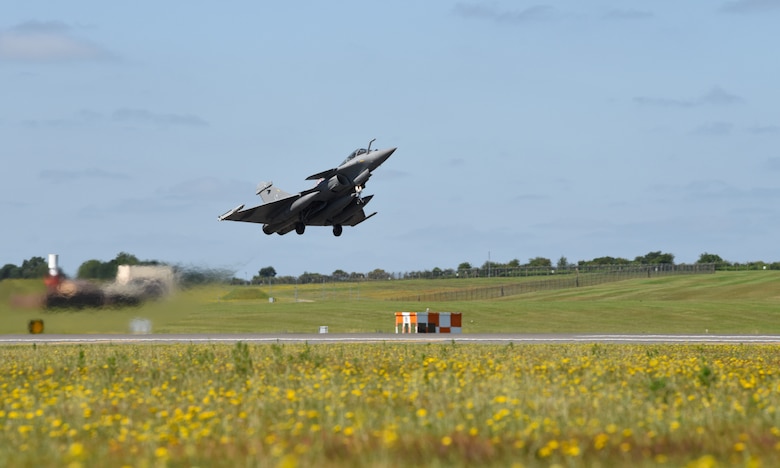 A French Air Force Rafale takes off to participate in exercise Point Blank 19-2 at Royal Air Force Lakenheath, England, June 27, 2019. The transatlantic strategic relationships between the U.S. and its European allies has been forged over the past seven decades. (U.S. Air Force photo by Airman 1st Class Rhonda Smith)