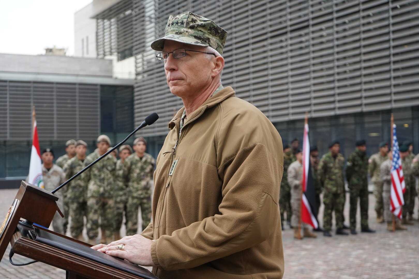 Adm. Craig S. Faller, address attendees during a closing ceremony for Fuerzas Comando.