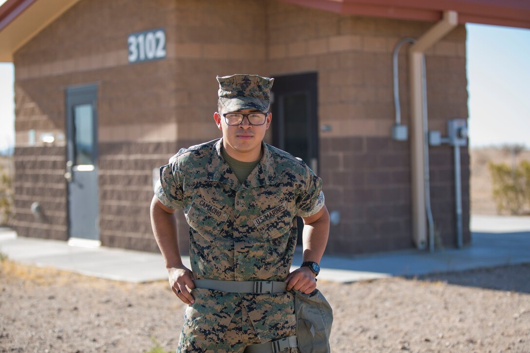 U.S. Marine Corps Lance Cpl. Raul Camacho, a Chemical, Biological, Radiological, and Nuclear Defense (CBRN) Specialist with Marine Air Control Squadron (MACS) 1, poses for a photo during CBRN training at the Marine Corps Air Station (MCAS) Yuma, Ariz. Gas Chamber, June 27, 2019. The gas chamber is a controlled environment in which a non-lethal gas is released, allowing Marines to test their issued gas masks and become familiar with the effects of gas. (U.S. Marine Corps photo by Cpl. Sabrina Candiaflores)