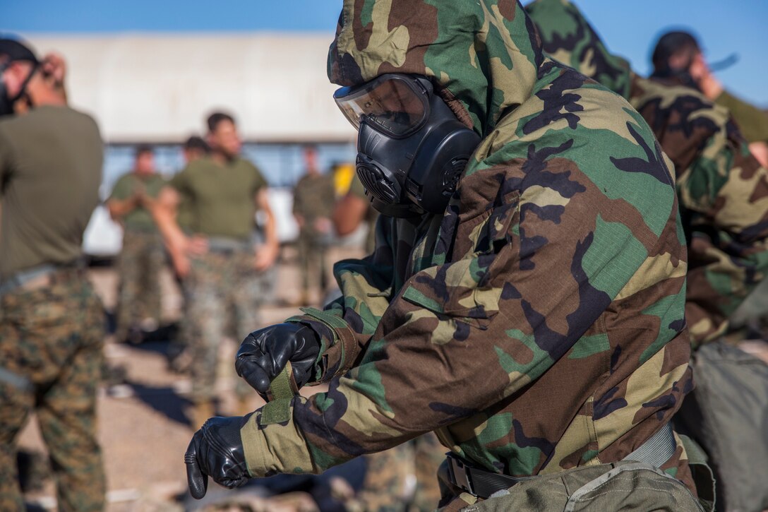 U.S. Marines stationed at Marine Corps Air Station (MCAS) Yuma conduct their Chemical, Biological, Radiological and Nuclear Defense (CBRN) training at the MCAS Yuma, Ariz. Gas Chamber, June 27, 2019. The gas chamber is a controlled environment in which a non-lethal gas is released. This trains Marines to have confidence in their gear and become familiar with the effects of gas. (U.S. Marine Corps photo by Cpl. Sabrina Candiaflores)