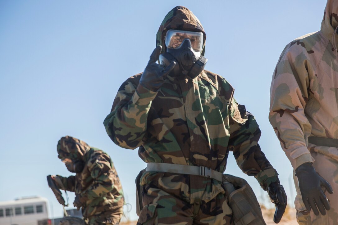 U.S. Marines stationed at Marine Corps Air Station (MCAS) Yuma conduct their Chemical, Biological, Radiological and Nuclear Defense (CBRN) training at the MCAS Yuma, Ariz. Gas Chamber, June 27, 2019. The gas chamber is a controlled environment in which a non-lethal gas is released, allowing Marines to test their issued gas masks and become familiar with the effects of gas. (U.S. Marine Corps photo by Cpl. Sabrina Candiaflores)