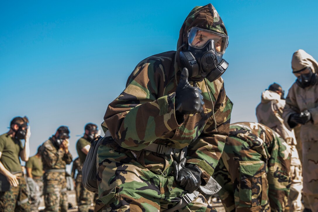 U.S. Marines stationed at Marine Corps Air Station (MCAS) Yuma conduct their Chemical, Biological, Radiological and Nuclear Defense (CBRN) training at the MCAS Yuma, Ariz. Gas Chamber, June 27, 2019. The gas chamber is a controlled environment in which a non-lethal gas is released, allowing Marines to test their issued gas masks and become familiar with the effects of gas. (U.S. Marine Corps photo by Cpl. Sabrina Candiaflores)