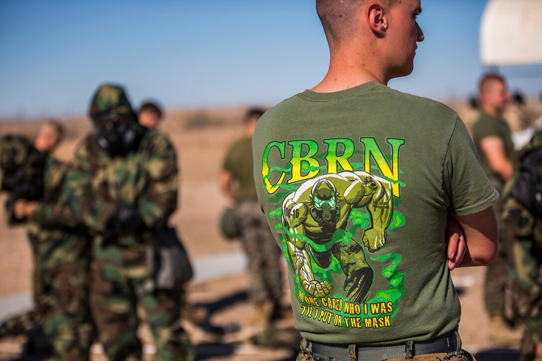 U.S. Marines stationed at Marine Corps Air Station (MCAS) Yuma conduct their Chemical, Biological, Radiological and Nuclear Defense (CBRN) training at the MCAS Yuma, Ariz. Gas Chamber, June 27, 2019. The gas chamber is a controlled environment in which a non-lethal gas is released, allowing Marines to test their issued gas masks and become familiar with the effects of gas. (U.S. Marine Corps photo by Cpl. Sabrina Candiaflores)