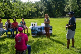 Laura E. Bottoms, dietitian, Ireland Army Clinic, brings awareness to Soldiers and their families about taking supplements and health tips during  the 1st Theater Sustainment Command Safety Stand Down Day at Fort Knox, Ky., June 27, 2019.