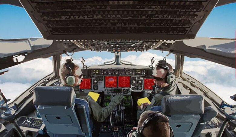 Image of pilots and instrumentation in aircraft.
