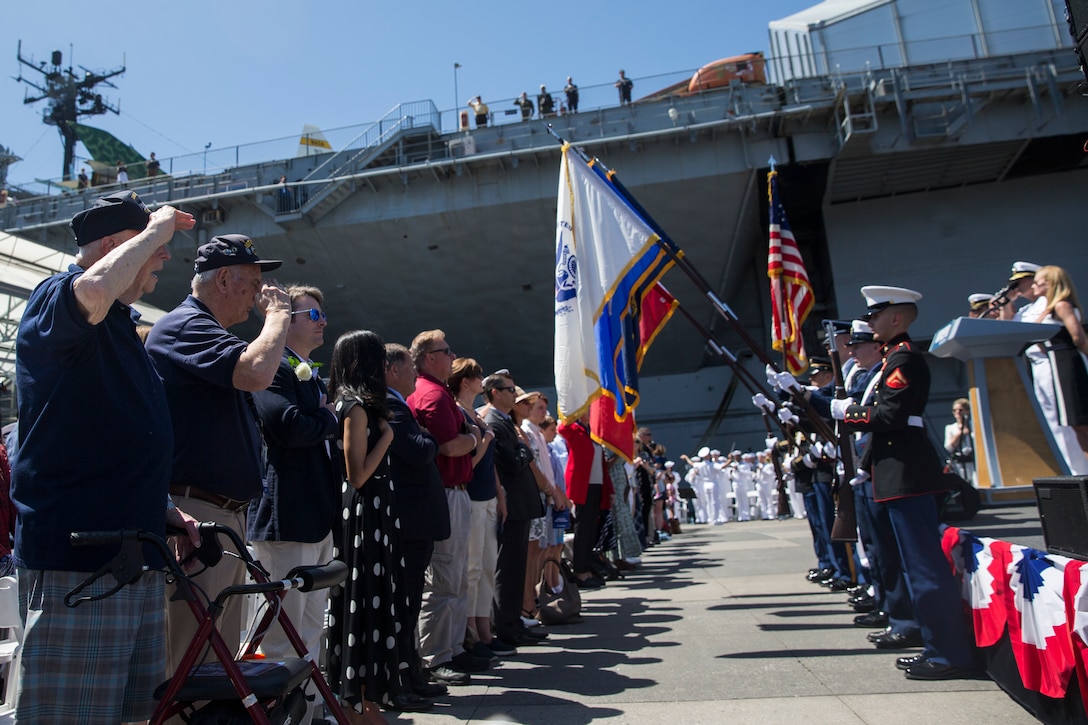 The New York City Joint Service Color Guard presents the colors during a Memorial Day ceremony at the Intrepid Sea, Air, and Space Museum as part of Fleet Week New York in New York City, NY, May 27, 2019. Memorial Day honors the fallen men and women of the U.S. Armed Forces. Fleet Week NY is an opportunity for the American public to meet their Marine Corps, Navy, and Coast Guard service members and experience America’s sea services firsthand.