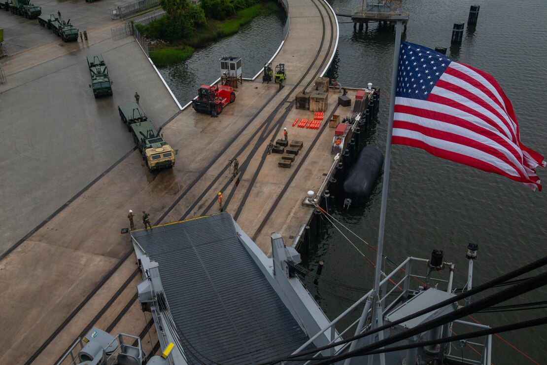 U.S. Marine Corps logistics vehicles system replacements from 2nd Transportation Support Battalion, Combat Logistics Regiment 2, 2nd Marine Logistics Group, load onto the USNS Watkins during an on load port operation as part of exercise Resolute Sun at Joint Base Charleston, South Carolina, June 12, 2019. Marines participated in the exercise to increase combat operational readiness in amphibious and prepositioning operations while conducting joint training with the U.S. Army during a joint logistics over the shore scenario.