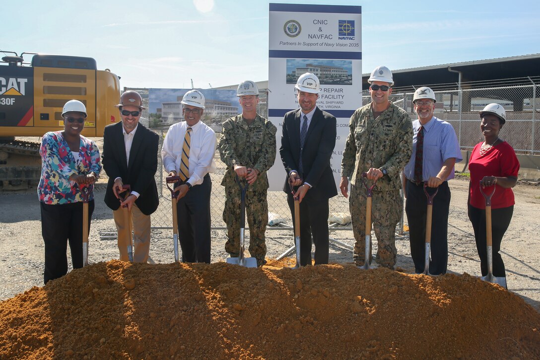 Norfolk Naval Shipyard (NNSY) held a groundbreaking for its new production training facility July 1, which will consolidate training currently spread across 26 different NNSY locations and eight departments into a single 157,000 square-foot, $64.7 million dollar facility.  Participants in the groundbreaking, from left to right, are: Danielle Beamon, NNSY Acting Code 900 Training Group Superintendent; Craig Shadle, RQ Construction, LLC, Project Executive; Congressman Bobby Scott, 3rd Congressional District of Virginia; Captain Kai Torkelson, Shipyard Commander; David Wickersham, aide to Congresswoman Elaine Luria, 2nd Congressional District of Virginia; Commander Ben Wainwright, Naval Facilities Engineering Command Public Works Officer; Robert Fogel, Shipyard Infrastructure Optimization Project Superintendent; Chakeita Dickson, NNSY Command University Leadership Development Branch Head.