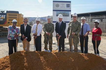Norfolk Naval Shipyard (NNSY) held a groundbreaking for its new production training facility July 1, which will consolidate training currently spread across 26 different NNSY locations and eight departments into a single 157,000 square-foot, $64.7 million dollar facility.  Participants in the groundbreaking, from left to right, are: Danielle Beamon, NNSY Acting Code 900 Training Group Superintendent; Craig Shadle, RQ Construction, LLC, Project Executive; Congressman Bobby Scott, 3rd Congressional District of Virginia; Captain Kai Torkelson, Shipyard Commander; David Wickersham, aide to Congresswoman Elaine Luria, 2nd Congressional District of Virginia; Commander Ben Wainwright, Naval Facilities Engineering Command Public Works Officer; Robert Fogel, Shipyard Infrastructure Optimization Project Superintendent; Chakeita Dickson, NNSY Command University Leadership Development Branch Head.