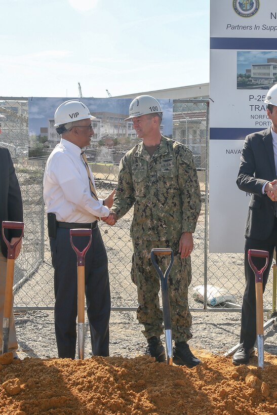 Norfolk Naval Shipyard (NNSY) Commander Captain Kai Torkelson discusses Shipyard Infrastructure Optimization Plan improvements with Congressman Bobby Scott, 3rd Congressional District of Virginia, at the groundbreaking for NNSY’s new production training facility July 1.