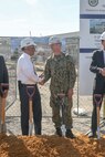 Norfolk Naval Shipyard (NNSY) Commander Captain Kai Torkelson discusses Shipyard Infrastructure Optimization Plan improvements with Congressman Bobby Scott, 3rd Congressional District of Virginia, at the groundbreaking for NNSY’s new production training facility July 1.