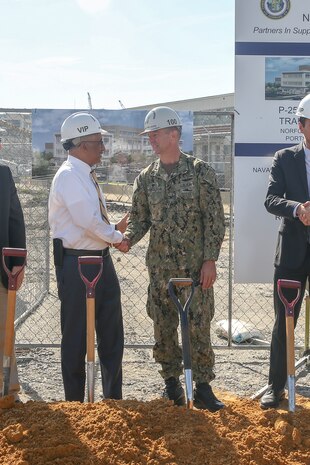 Norfolk Naval Shipyard (NNSY) Commander Captain Kai Torkelson discusses Shipyard Infrastructure Optimization Plan improvements with Congressman Bobby Scott, 3rd Congressional District of Virginia, at the groundbreaking for NNSY’s new production training facility July 1.