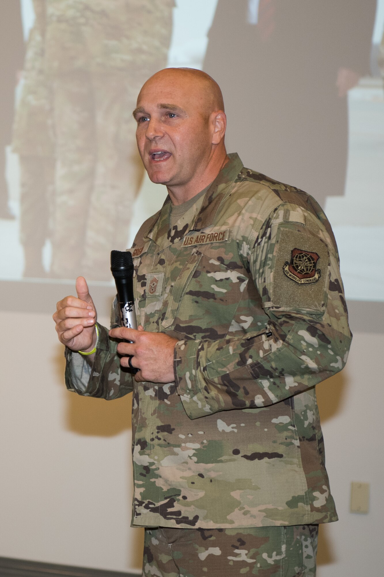 Chief Master Sgt. Anthony Green, 436th Airlift Wing command chief, speaks at the conclusion of a farewell ceremony in his honor July 1, 2019, at Dover Air Force Base, Del. Green is scheduled to depart for McDill AFB, Fla., in July of 2019. (U.S. Air Force Photo by Mauricio Campino)