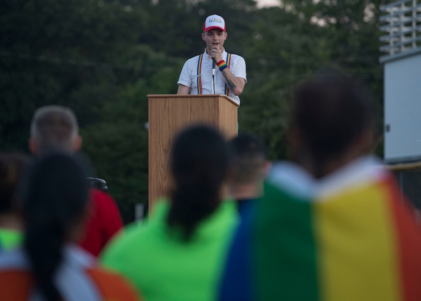 U.S. Army Spc. Jimmy Scott-Tingle, Medical Department Activity patient administration specialist, gives an opening speech before a Pride Observance Month 5K run at Joint Base Langley-Eustis, Virginia, June 21, 2019.