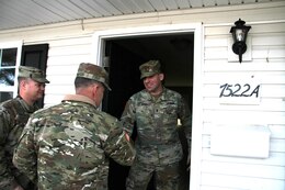 Maj. Gen. Flem B. “Donnie” Walker Jr., commanding general, 1st Theater Sustainment Command (TSC), visits the quarters of 1st Lt. Matthew Stein, executive officer, Headquarters and Headquarters Company, 1st Special Troops Battalion, 1st TSC, at Fort Knox, Ky., March 5, 2019. While there, Walker conducted a thorough inspection to check for any housing deficiencies.