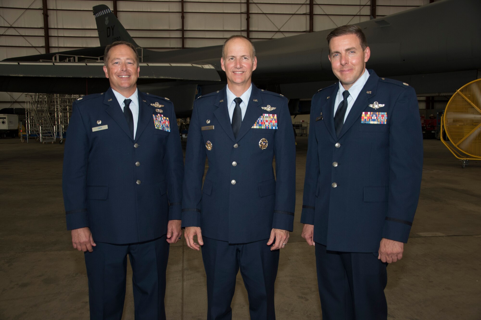 Senior officers gather following the 10th Flight Test Squadron change of command ceremony June 28, 2019, Tinker Air Force Base, Oklahoma. From left to right are: Lt. Col. Jon D. Cary, 10th FLTS outgoing commander, Col. Christopher M. Zidek, commander of the 413th Flight Test Group and Lt. Col. James T. Couch, incoming 10th FLTS commander. (U.S. Air Force photo/Greg L. Davis)