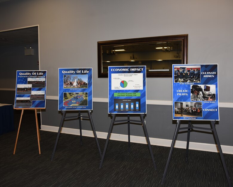 Bulletin boards with information displayed at the Base Community Council luncheon, June 20, 2019, on Columbus Air Force Base, Mississippi. The BCC luncheon gave local residents of Columbus, Mississippi, and Columbus AFB a chance to interact with each other and find out how they impact each other. (U.S. Air Force photo by Sharon Ybarra)