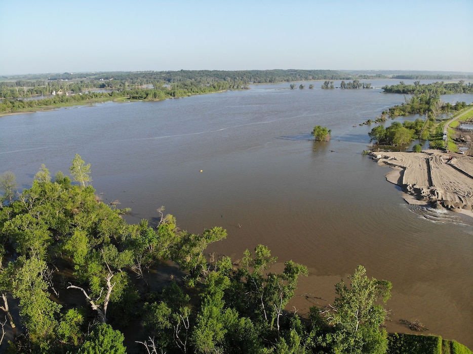 Aerial view of breach L575a northwest of Percival, Iowa June 28, 2019.