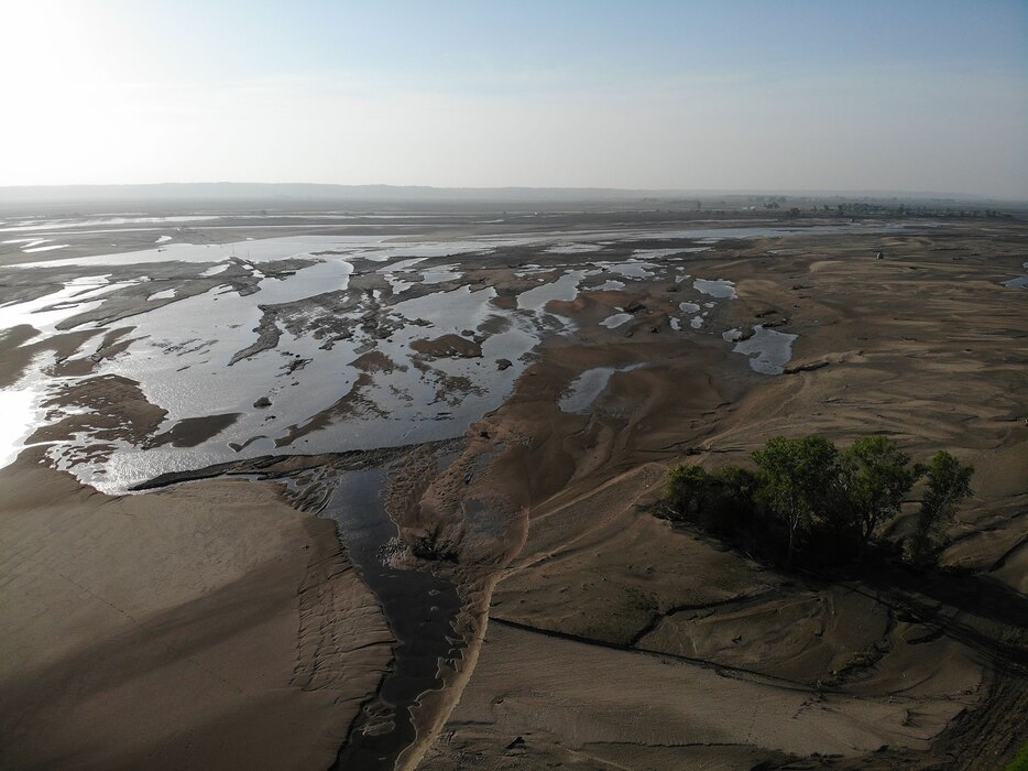 Aerial view of breach L575a northwest of Percival, Iowa June 28, 2019.