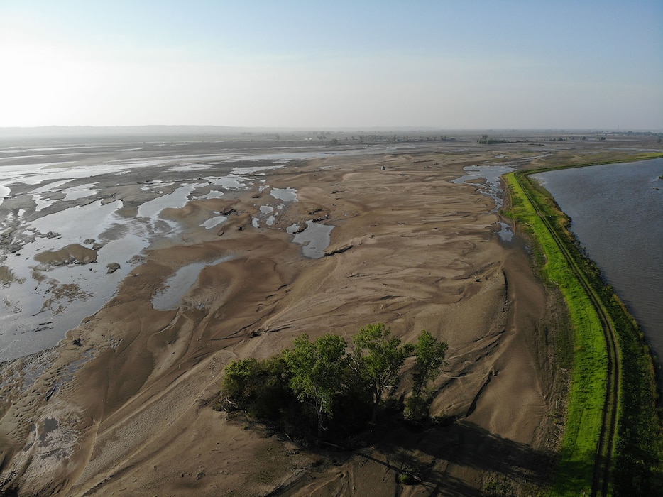 Aerial view of breach L575a northwest of Percival, Iowa June 28, 2019.