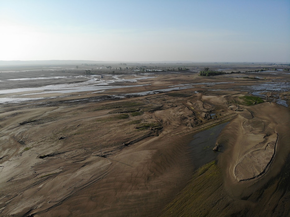 Aerial view of breach L575a northwest of Percival, Iowa June 28, 2019.