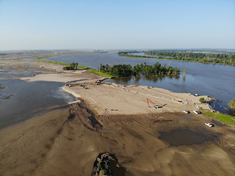 Aerial view of breach L575a northwest of Percival, Iowa June 28, 2019.