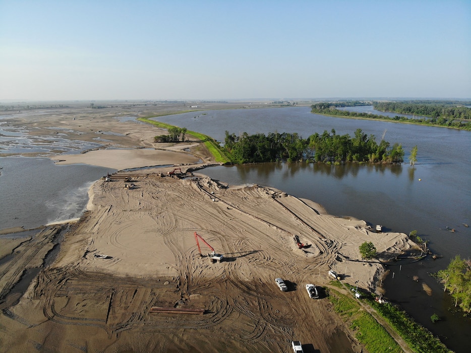 Aerial view of breach L575a northwest of Percival, Iowa June 28, 2019.