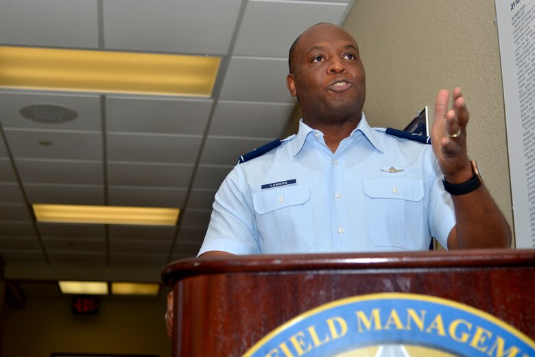U.S. Air Force Col. Leo Lawson Jr., previous 81st Training Group commander, speaks about the new virtual reality technology of the 334th Training Squadron at Cody Hall, on Keesler Air Force Base, Mississippi, June 28, 2019. The 334th TRS incorporated a VR classroom to teach Airfield Maintenance more efficiently with visual simulation. (U.S. Air Force photo by Airman Seth Haddix)