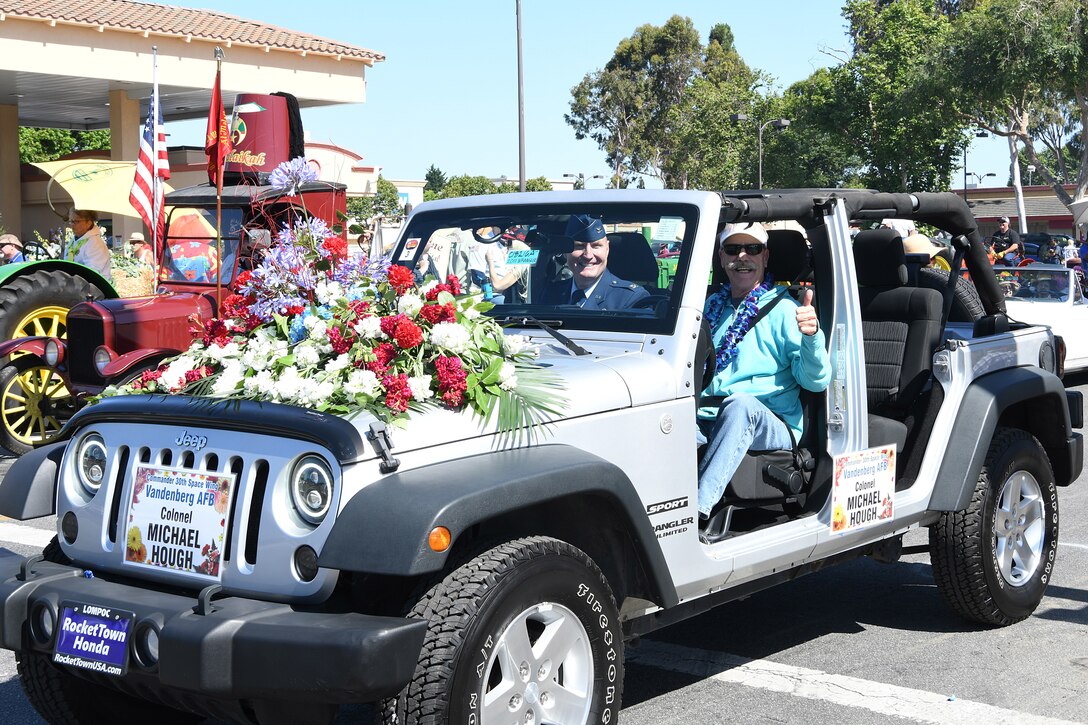 Col. Michael S. Hough, 30th Space Wing commander, prepares for the 2019 Lompoc Flower Festival Parade June 29, 2019, in Lompoc, Calif.