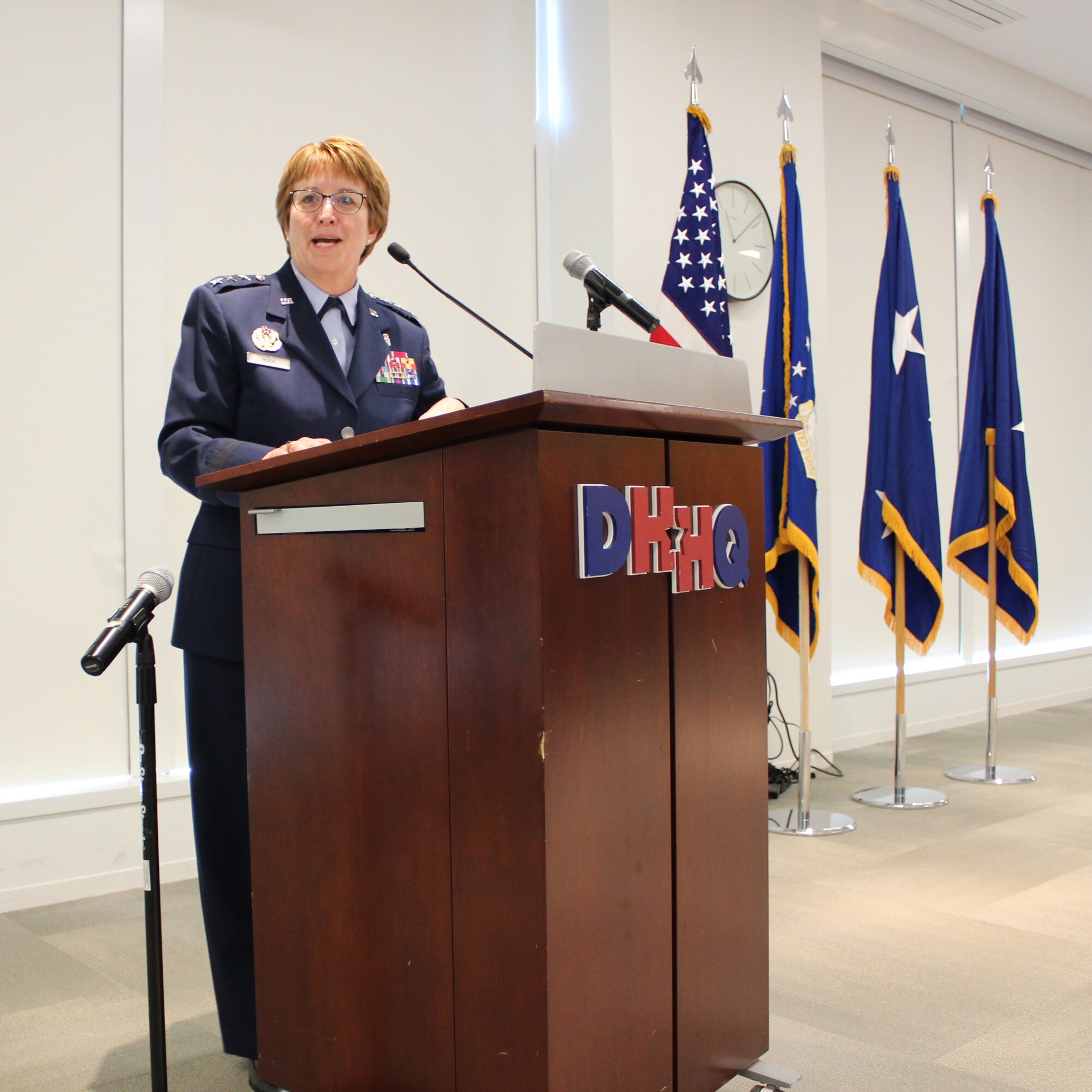 U.S. Air Force Surgeon General, Lt. Gen. Dorothy Hogg, speaks at the official activation of Air Force Medical Readiness Agency, at Defense Health Headquarters, Falls Church, Virginia, June 28, 2019. (U.S. Air Force photo by Josh Mahler)