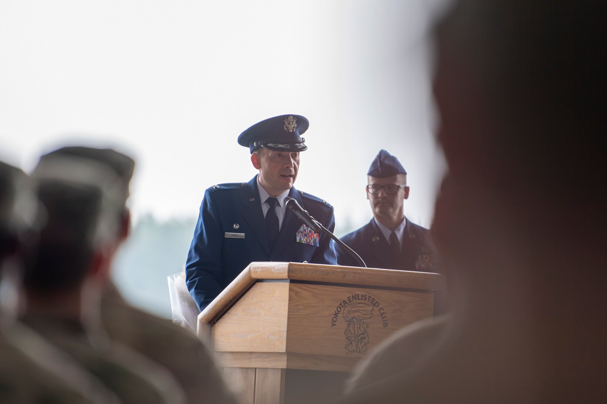 Col. Jason Kirby, 353rd Special Operations Group commander, addresses the audience during an assumption of command ceremony at Yokota Air Base, Japan, July 1, 2019.