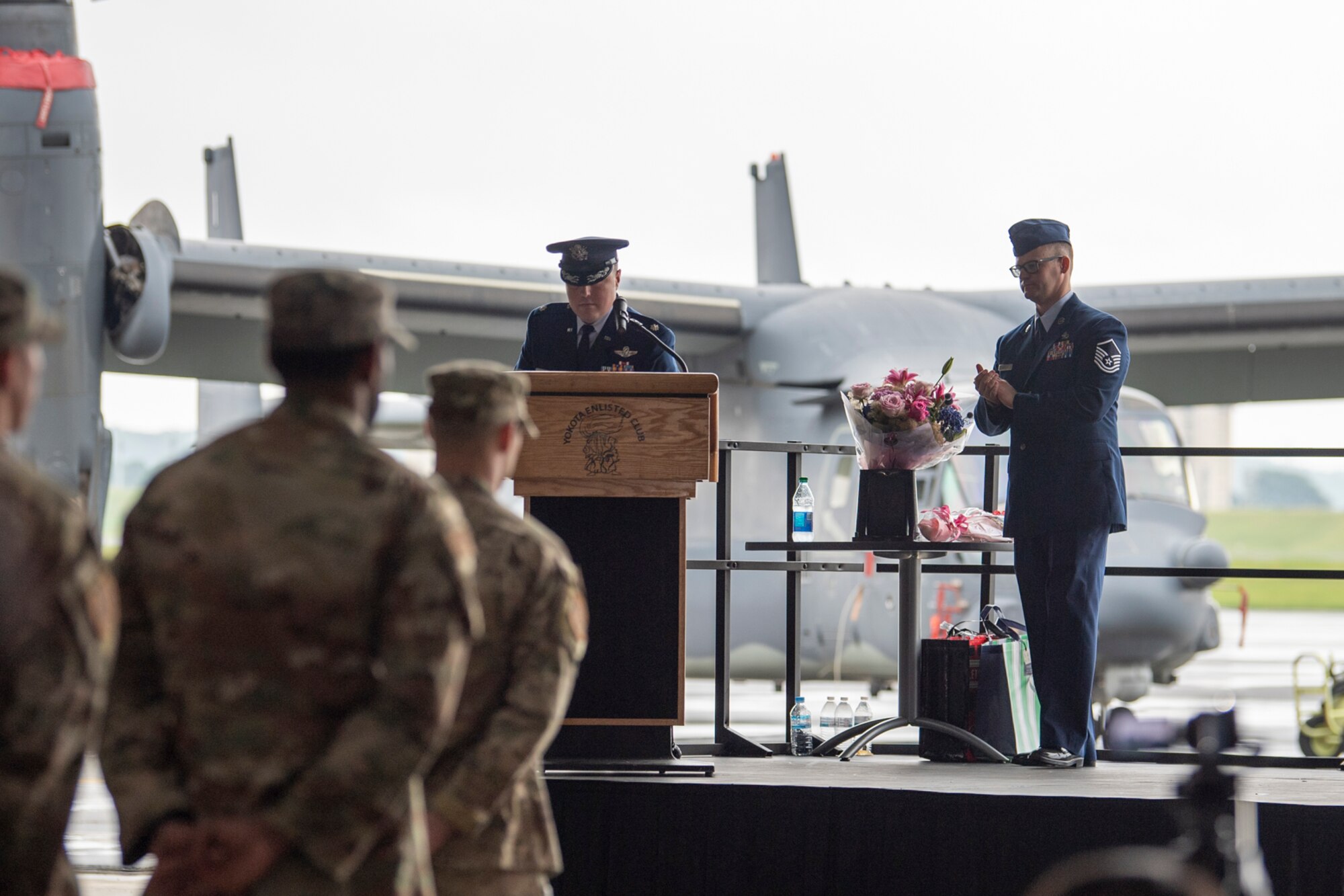 Lt. Col Jason Hock, 21st Special Operations Squadron commander, speaks during the assumption of command ceremony at Yokota Air Base, Japan, July 1, 2019.
