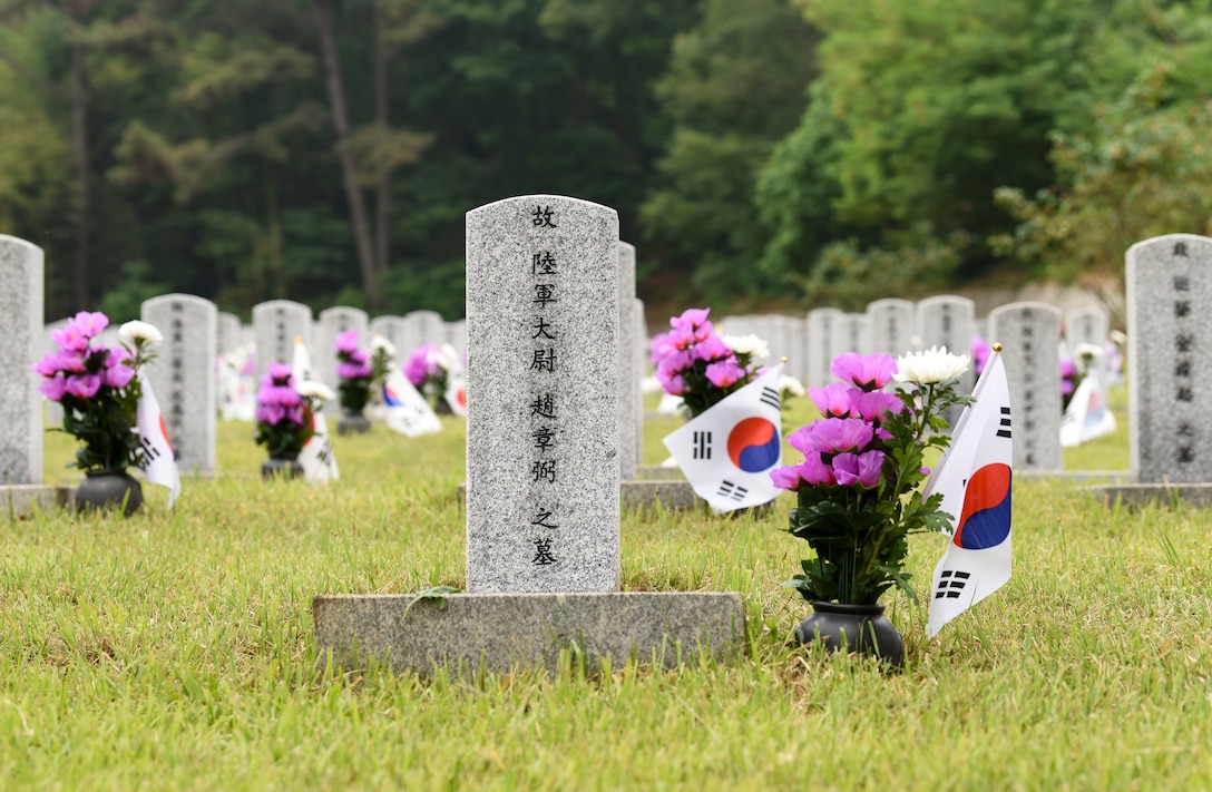 A local cemetery is displayed during the 64th Korean Memorial Day ceremony at a local cemetery in Gunsan City, Republic of Korea, June 6, 2019. Korean Memorial Day is a national holiday dedicated to commemorating the lives of both men and women who died while in military service or during the independence movement. (U.S. Air Force photo by Senior Airman Savannah L. Waters)