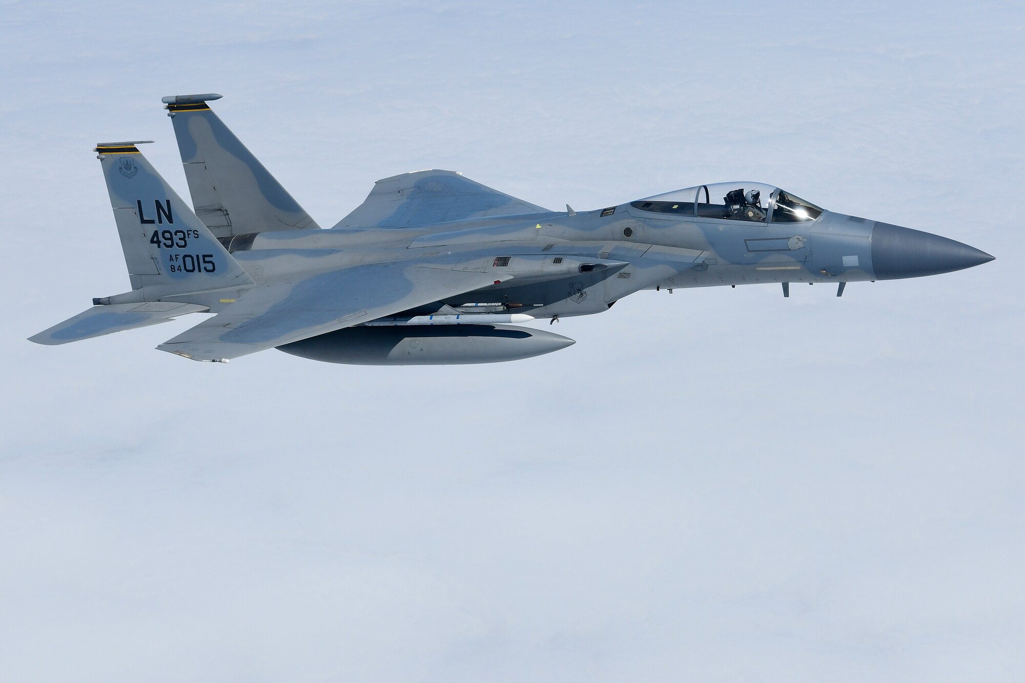 An F-15C Eagle assigned to the 493rd Fighter Squadron conducts aerial operations in support of exercise Pointblank 19-2, over the Nprth Sea, June 27, 2019. The objective of the exercise is to prepare coalition warfighters for a highly contested fight against near-peer adversaries by providing a multi-dimensional battle-space to conduct advanced training in support of US, UK and French national interests. (U.S. Air Force photo/ Tech. Sgt. Matthew Plew)