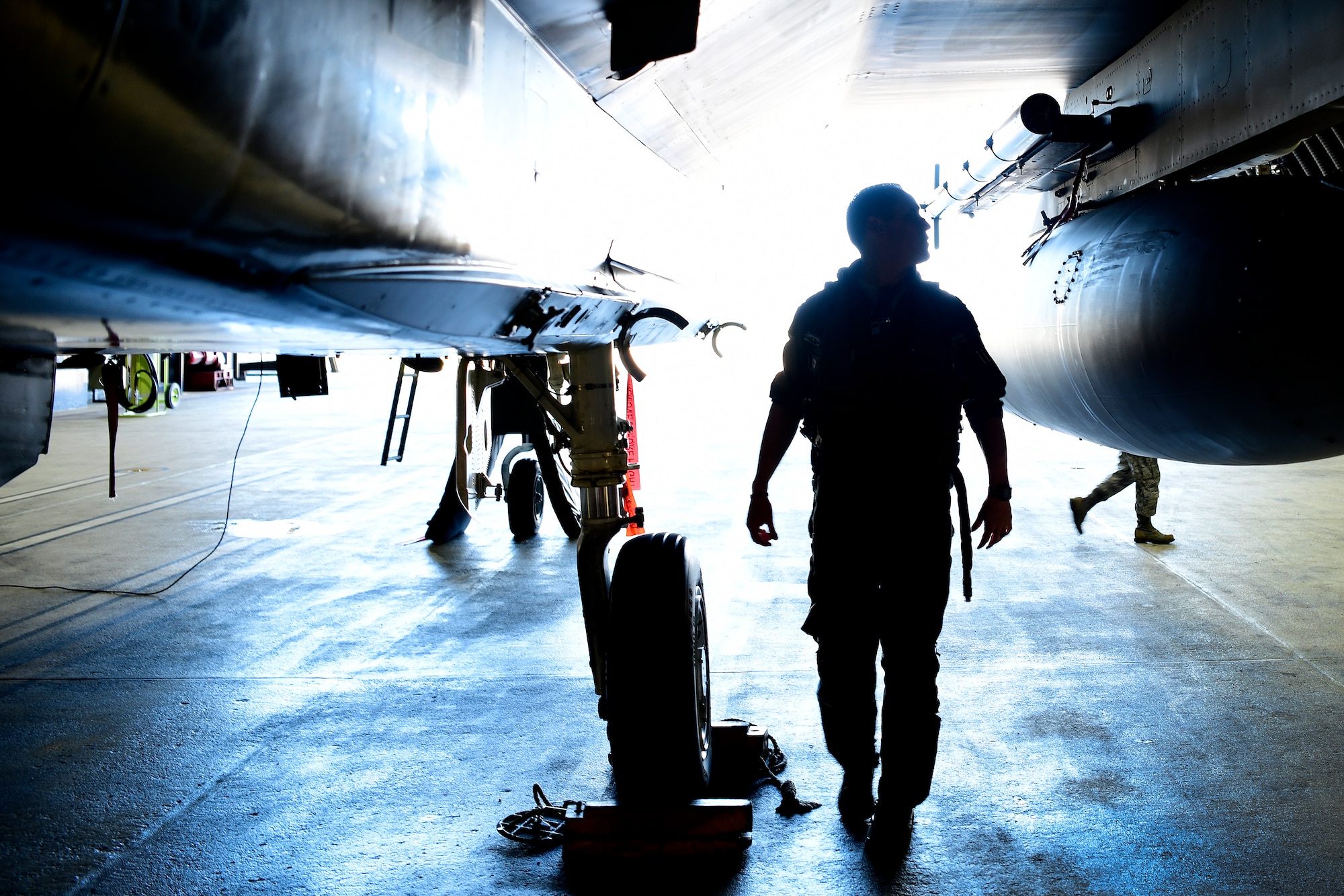 U.S. Air Force Lt. Col. Ryan Bernier conducts a pre-flight check of his F-15D Eagle in support of exercise Pointblank 19-2, at Royal Air Force Lakenheath, England, June 27, 2019. The objective of the exercise is to prepare coalition warfighters for a highly contested fight against near-peer adversaries by providing a multi-dimensional battle-space to conduct advanced training in support of US, UK and French national interests. (U.S. Air Force photo/ Tech. Sgt. Matthew Plew)