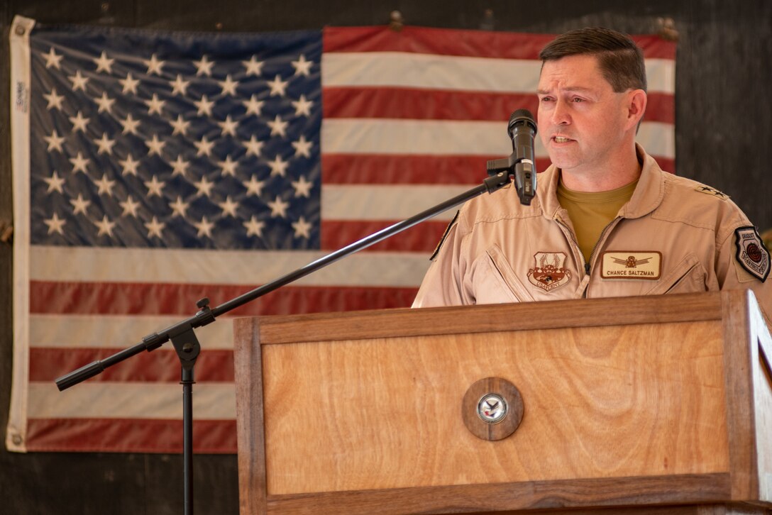 Maj. Gen. Chance Saltzman, U.S. Air Forces Central Command deputy commander, speaks during the 380th Air Expeditionary Wing change of command ceremony July 1, 2019, at Al Dhafra Air Base, United Arab Emirates.