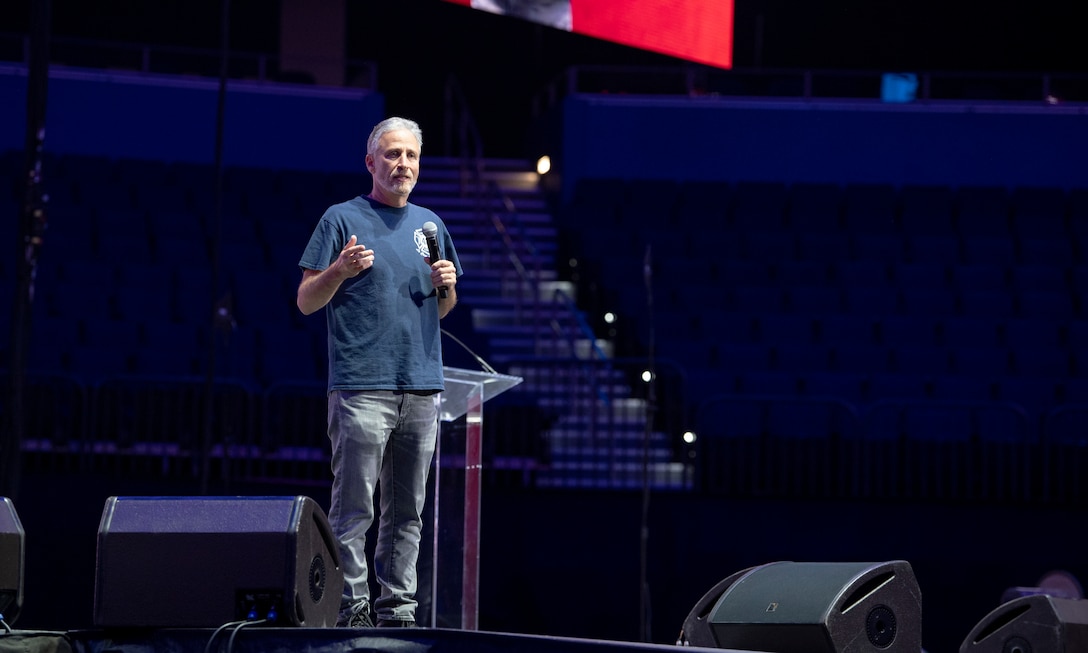 American activist and comedian Jon Stewart gives a speech at the DoD Warrior Games closing ceremony at Amalie Arena, Tampa, Florida, June 30, 2019. The DoD Warrior Games were established in 2010 as a way to enhance the recovery and rehabilitation of wounded, ill or injured service members and veterans and to expose them to adaptive sports.