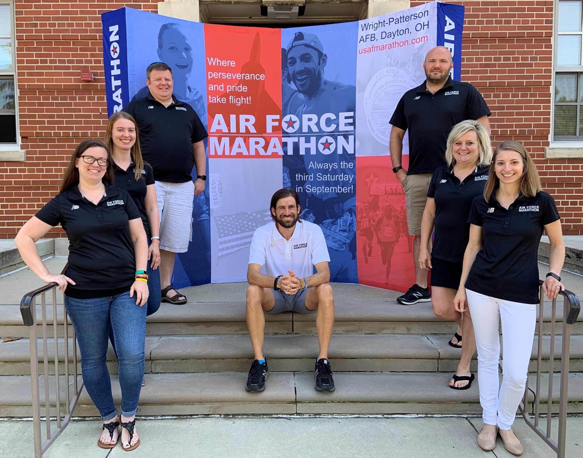 The Air Force Marathon staff works year round to plan the marathon and each has an integral part in the success. Left to right, Rachael McKinney, Katie Klein, Rick Perron, Brandon Hough, Jordan West, Jeanette Monaghan and Alex Hausfeld. (U.S. Air Force photo/Stacey Geiger)