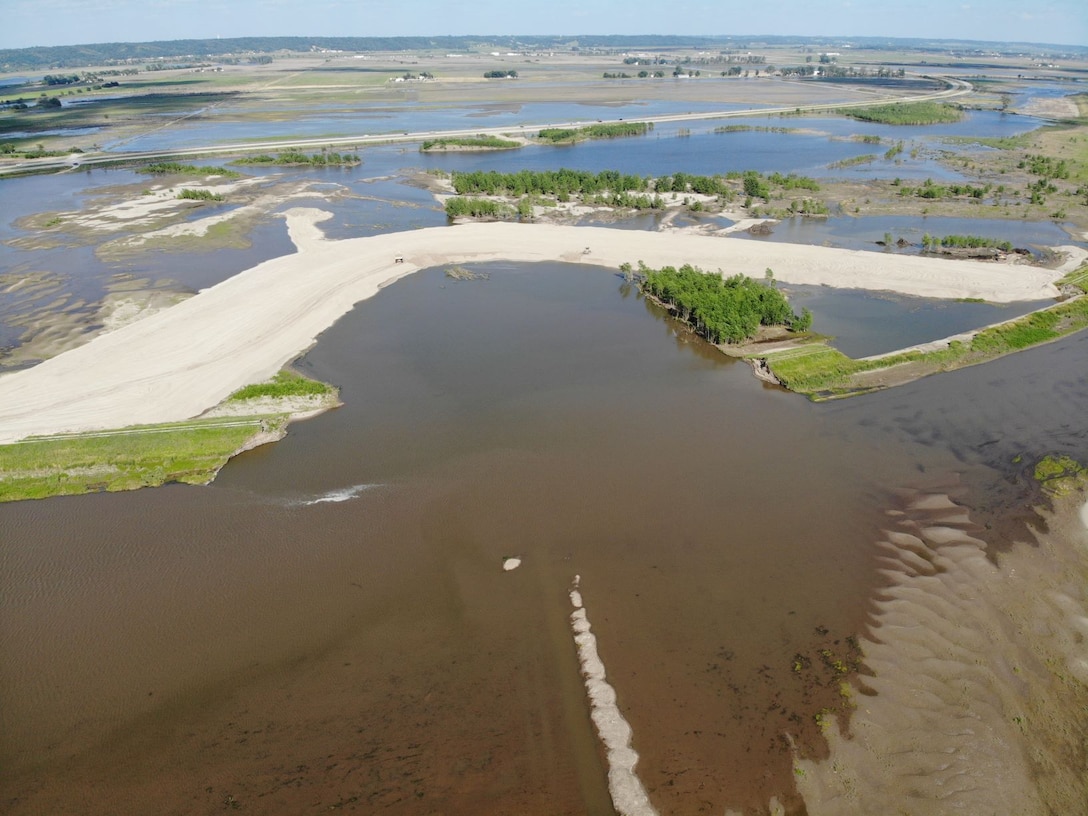 Aerial view of breach along Levee 611-614 near Council Bluffs, Iowa July 1, 2019.