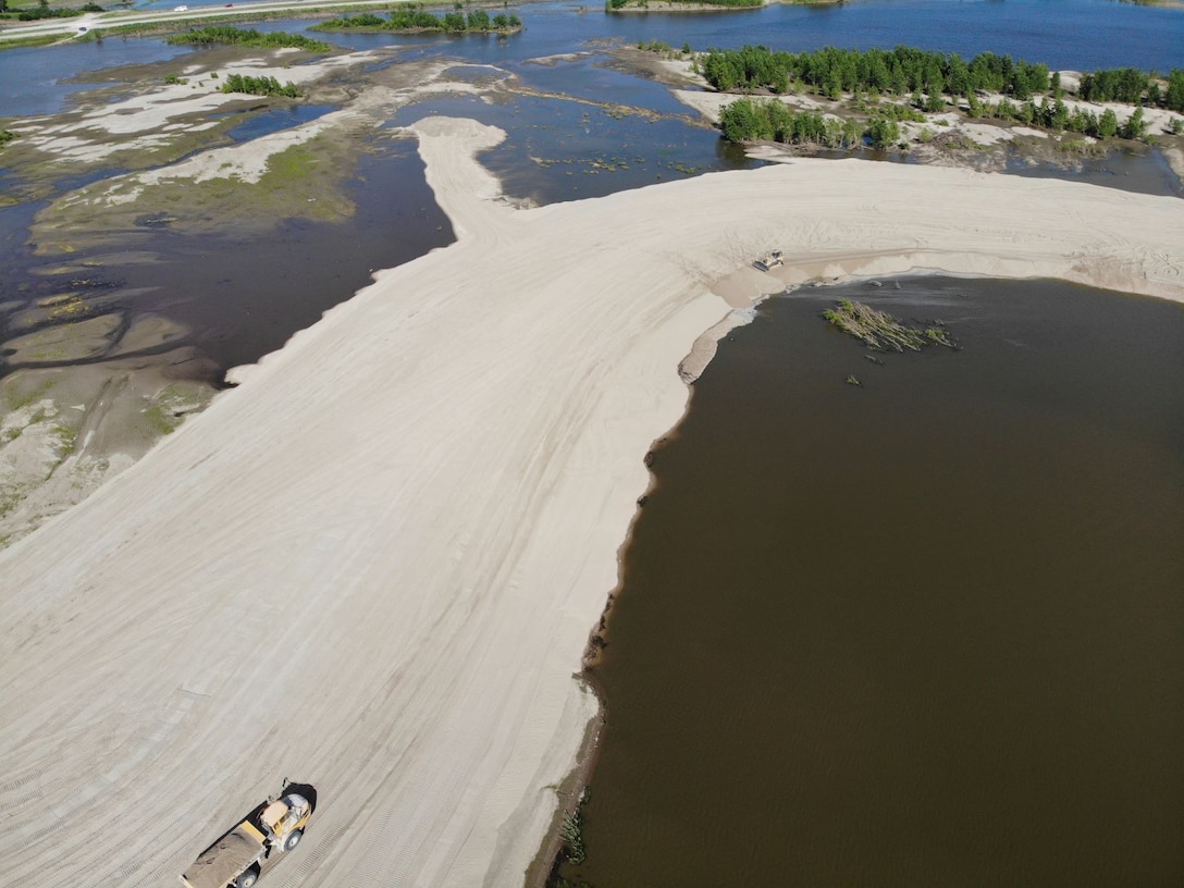 Aerial view of breach along Levee 611-614 near Council Bluffs, Iowa July 1, 2019.