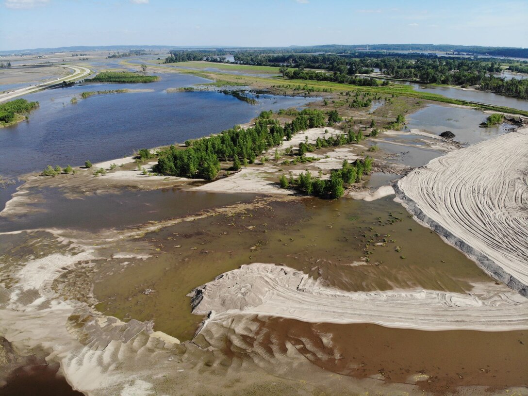 Aerial view of breach along Levee 611-614 near Council Bluffs, Iowa July 1, 2019.
