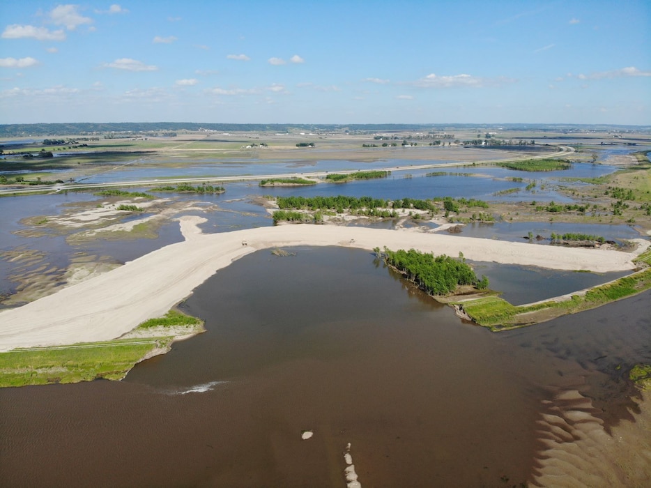 Aerial view of breach along Levee 611-614 near Council Bluffs, Iowa July 1, 2019.