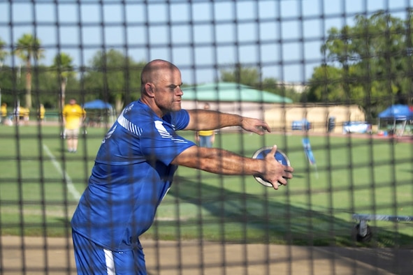 U.S. Air Force wounded warrior athlete Technical Sgt. Steve Fourman prepares to throw a discus during the discus field event at the Department of Defense Warrior Games in Tampa, Fla., June 23, 2019. The Warrior Games features wounded warrior athletes who compete in multiple sporting events representing their respective military branches. (U.S. Air Force photo by Senior Airman Caleb Nunez)