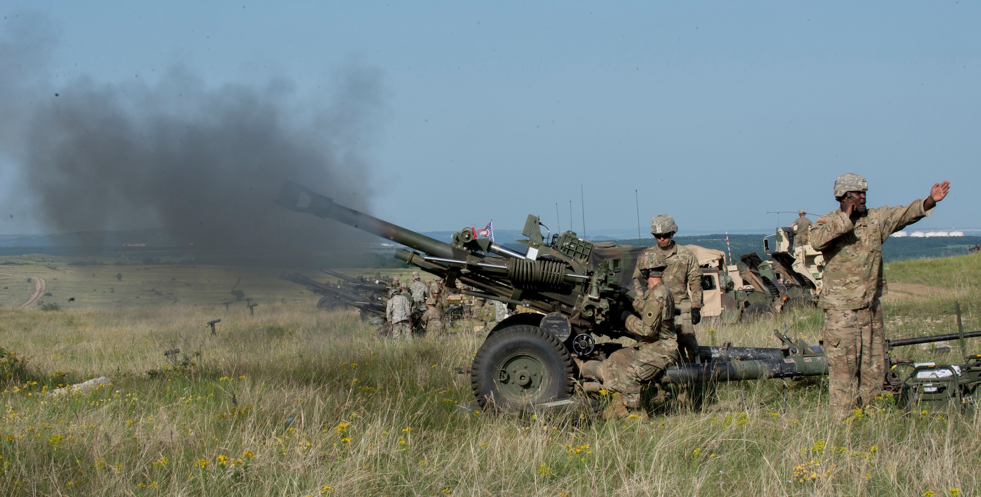 Soldiers with Battery A, 1st Battalion, 134th Field Artillery Regiment, Ohio Army National Guard, conduct live-fire artillery training with their M119A3 howitzer June 12, 2019, near Varpalota, Hungary. The units participated in Breakthrough 19, a Hungarian national training exercise that utilized multiple artillery systems from the Hungarian Defence Forces, U.S. Army Europe and Army National Guard units to create a collective capability that increases the interoperability and readiness of the participating militaries.
