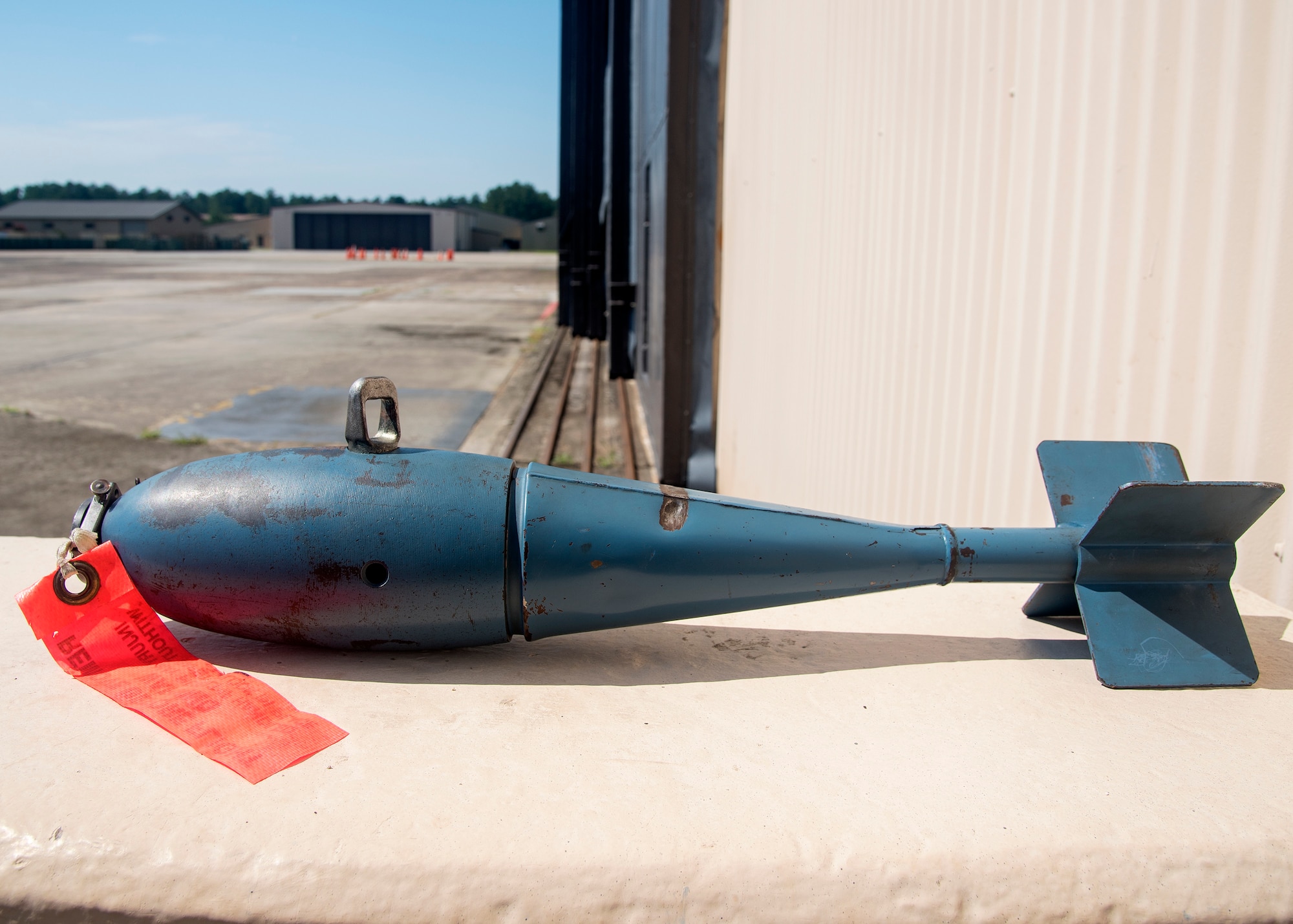 The BDU-33 is a 25-pound training munition used to simulate the M1a-82 500-pound bomb. It is approximately 22 and a half inches long and is blue in color. Although the training munition is inert, it is equipped with a small pyrotechnic charge and should not be handled. (U.S. Air Force photo by Airman 1st Class Eugene Oliver)